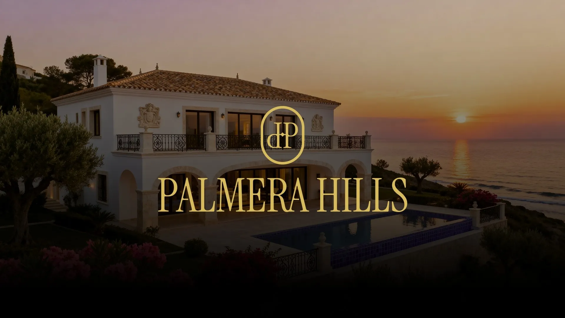 Palmera Hills brand identity featuring a villa in the evening light