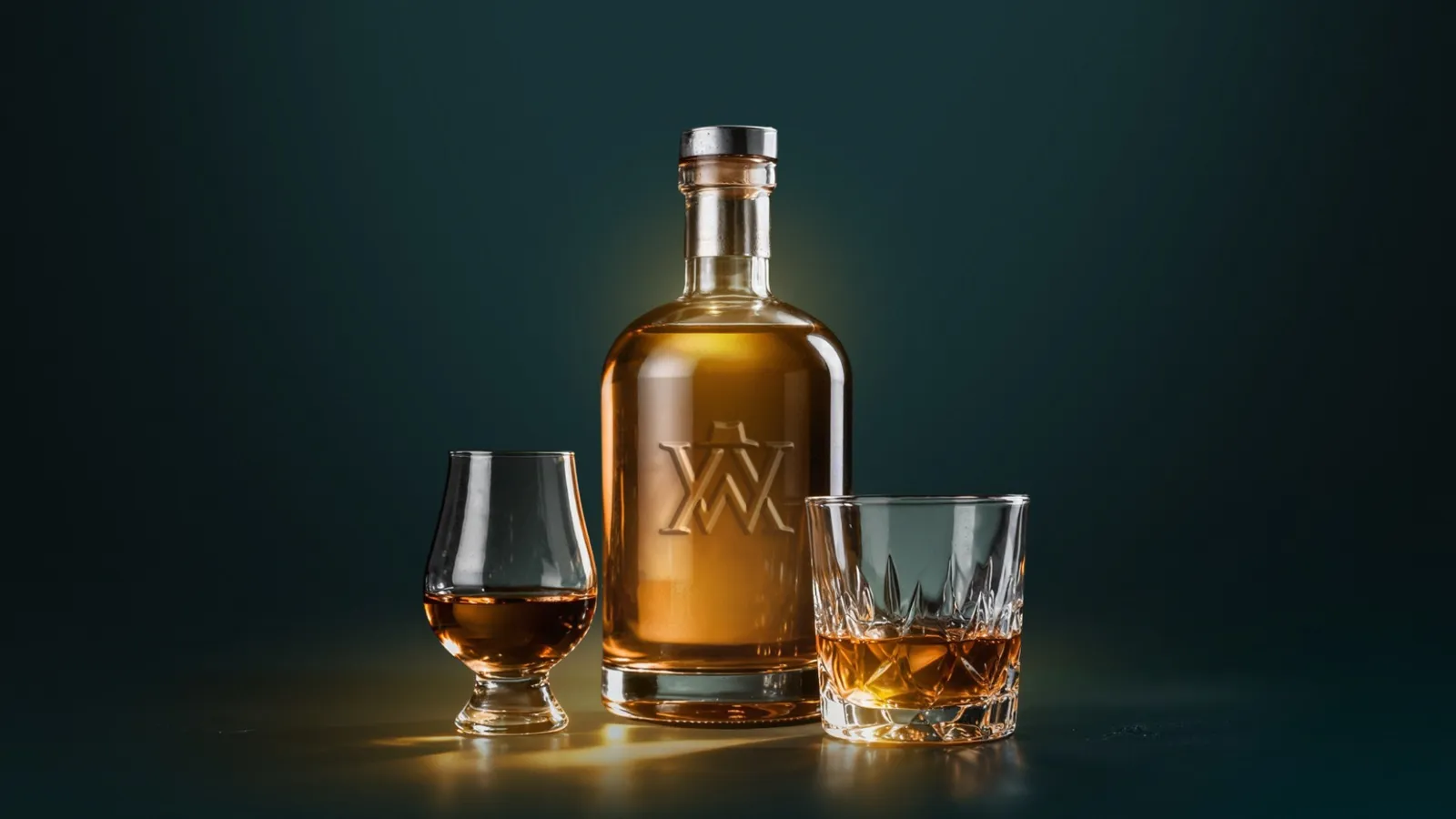 Whisky Agents bottle and glasses on a dark background