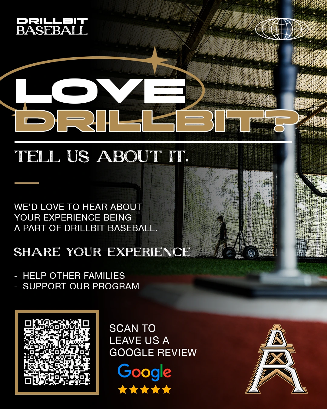 Love DrillBit? Tell us about it. Flyer asking DrillBit Baseball families to share their experience in a Google review, with a QR code