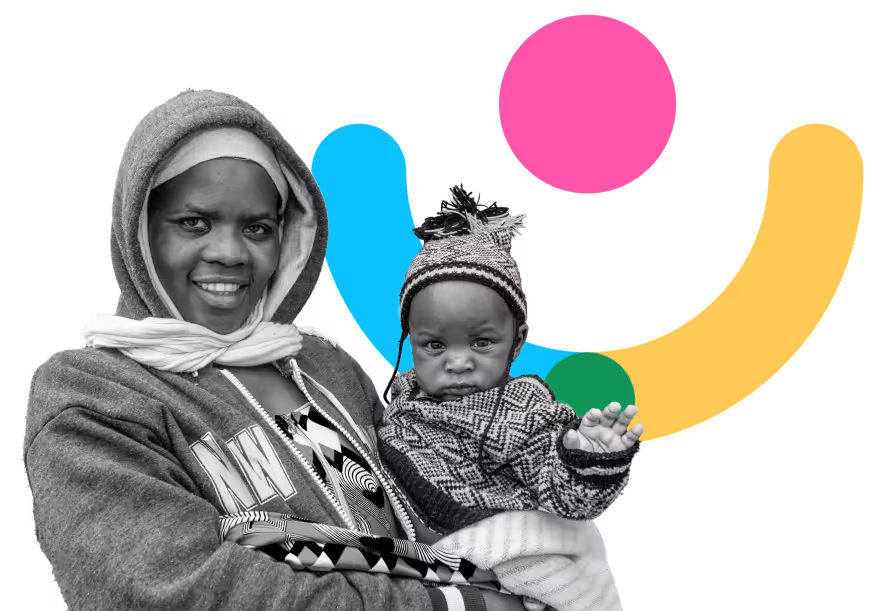 Smiling woman holding a baby in a knitted hat, in black and white, against colourful brand shapes