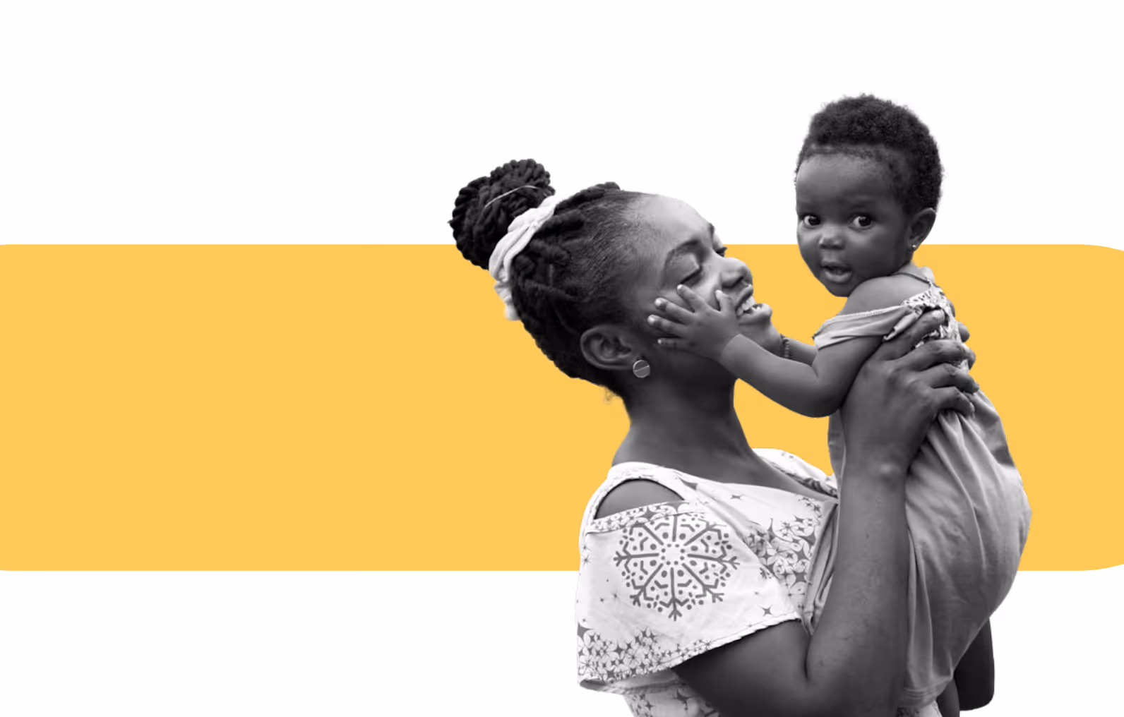 Smiling woman in black and white holding up a baby, over a yellow brand stripe