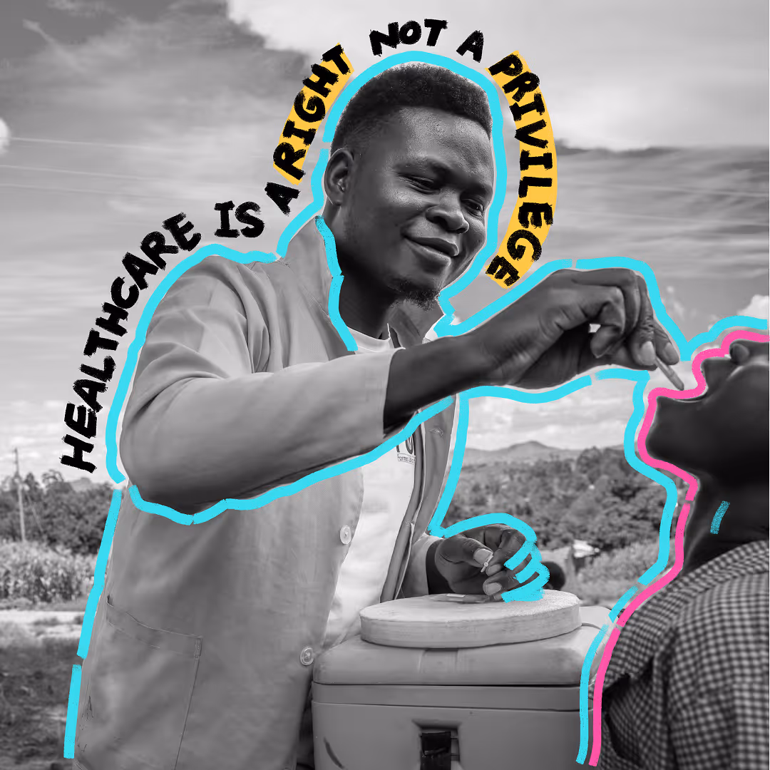 Health worker giving oral vaccine drops to a person, with the text "Healthcare is a right not a privilege"