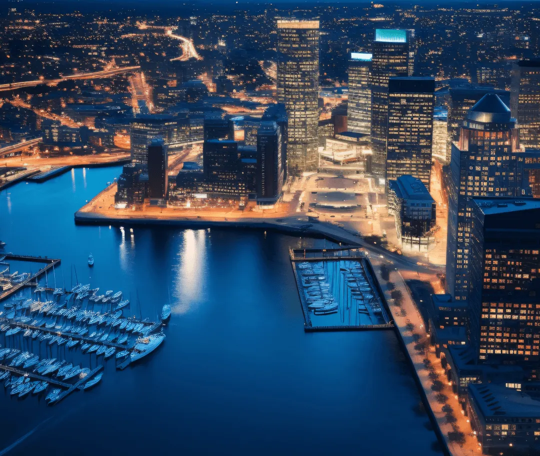 Night aerial view of a waterfront cityscape with illuminated skyscrapers, marina with docked boats, and curving roads with streetlights reflecting on calm water.