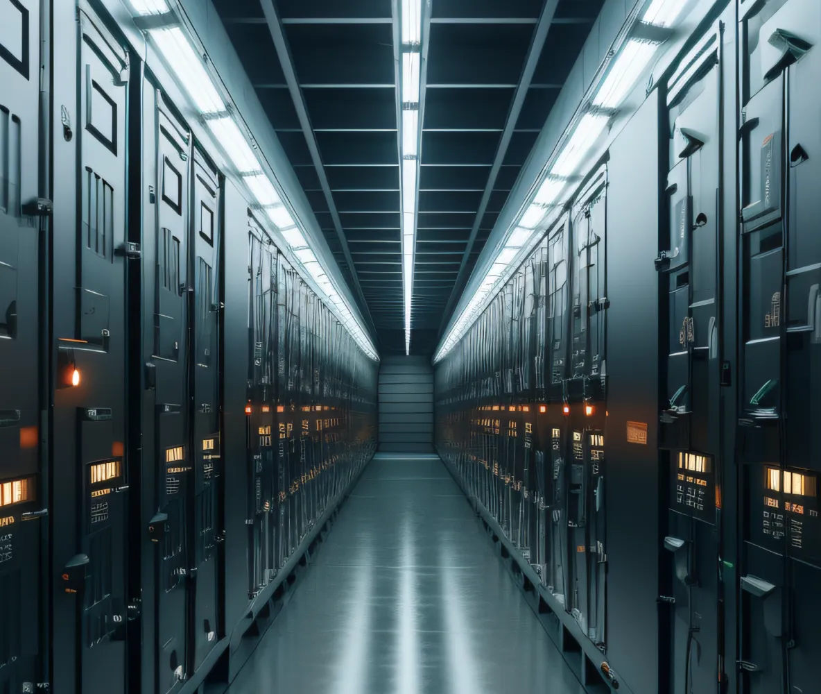 A symmetrical, futuristic corridor lined with tall, dark server racks on both sides, illuminated by bright overhead strip lights reflecting off the polished floor.