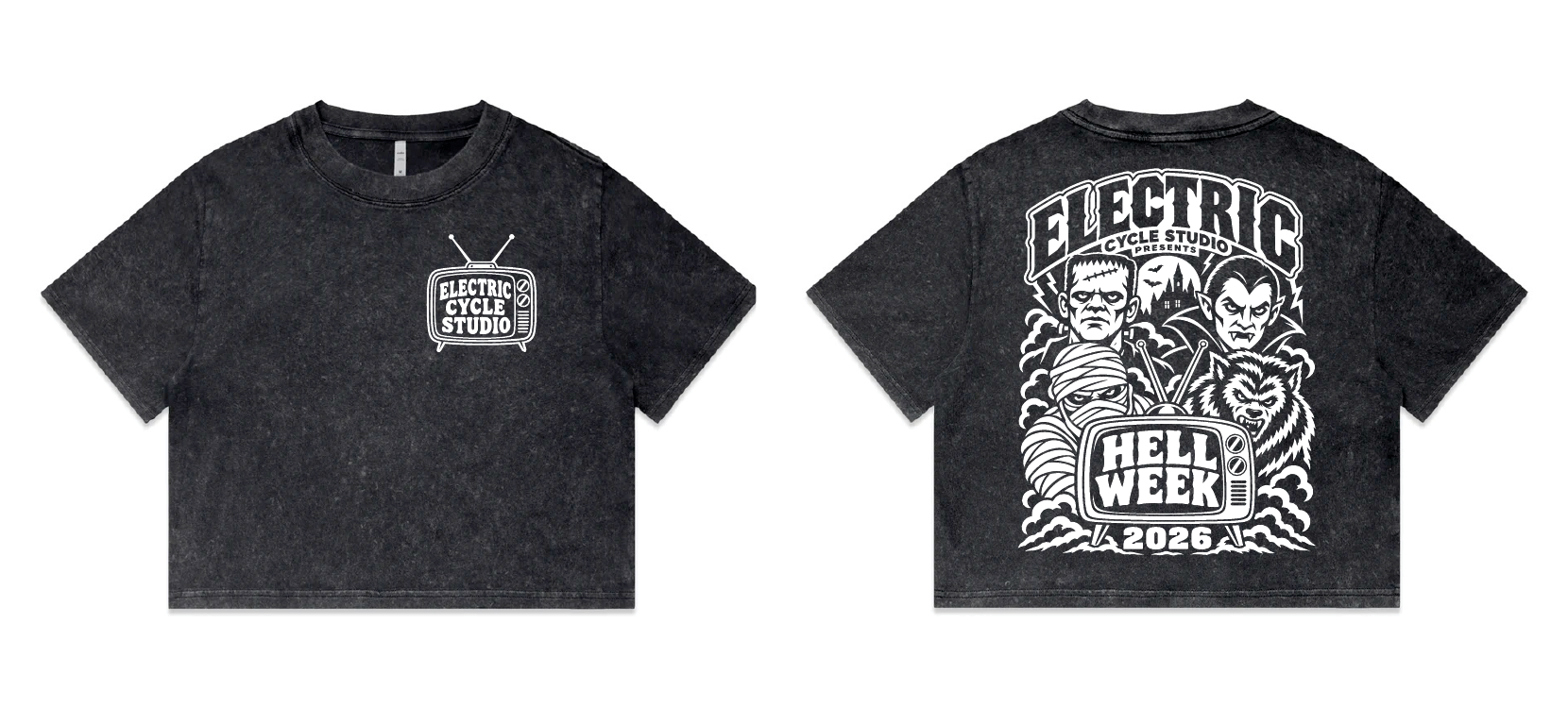 Front and back of the washed-black Hell Week 2026 women’s crop top