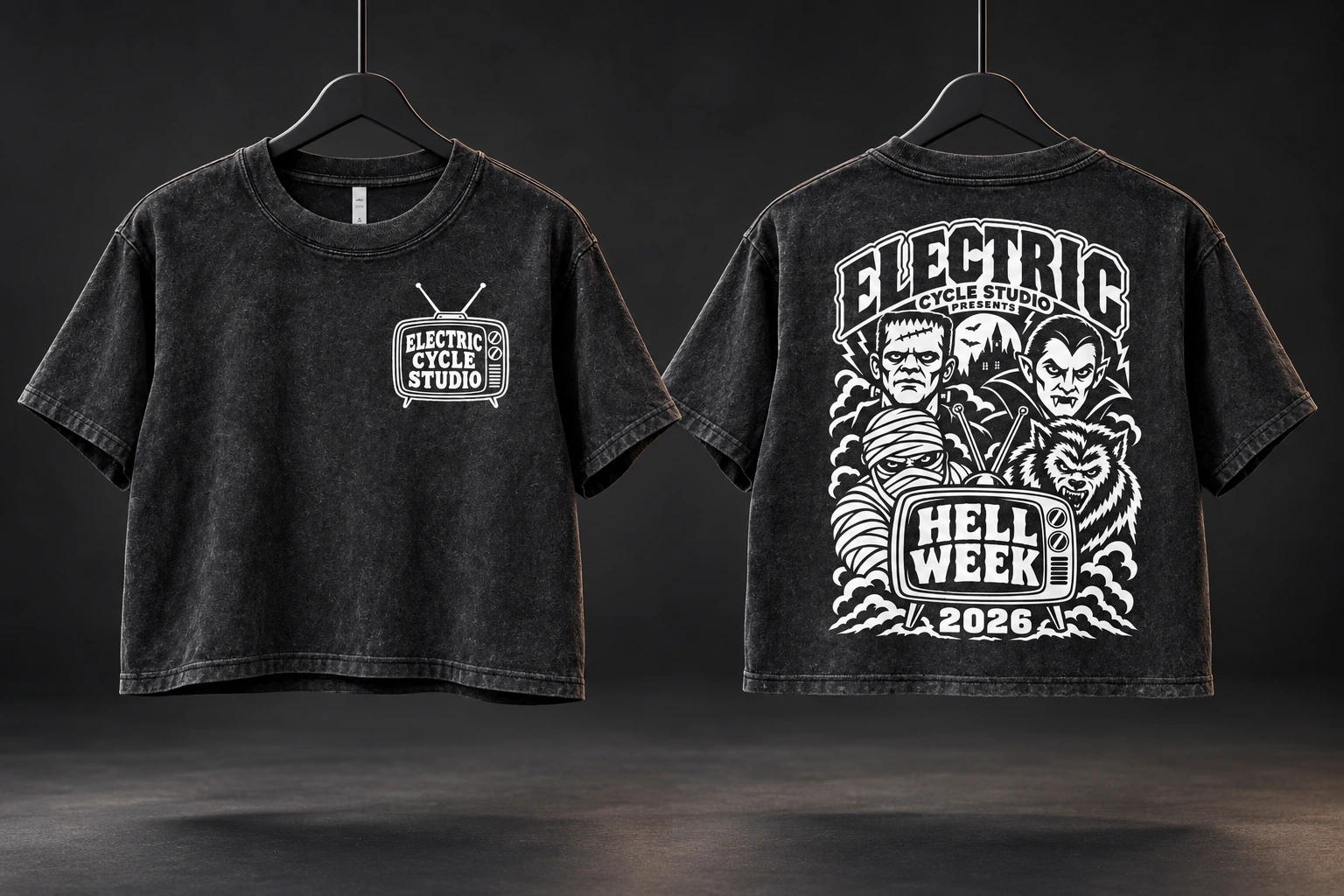 Front and back of the washed-black Hell Week women's crop top