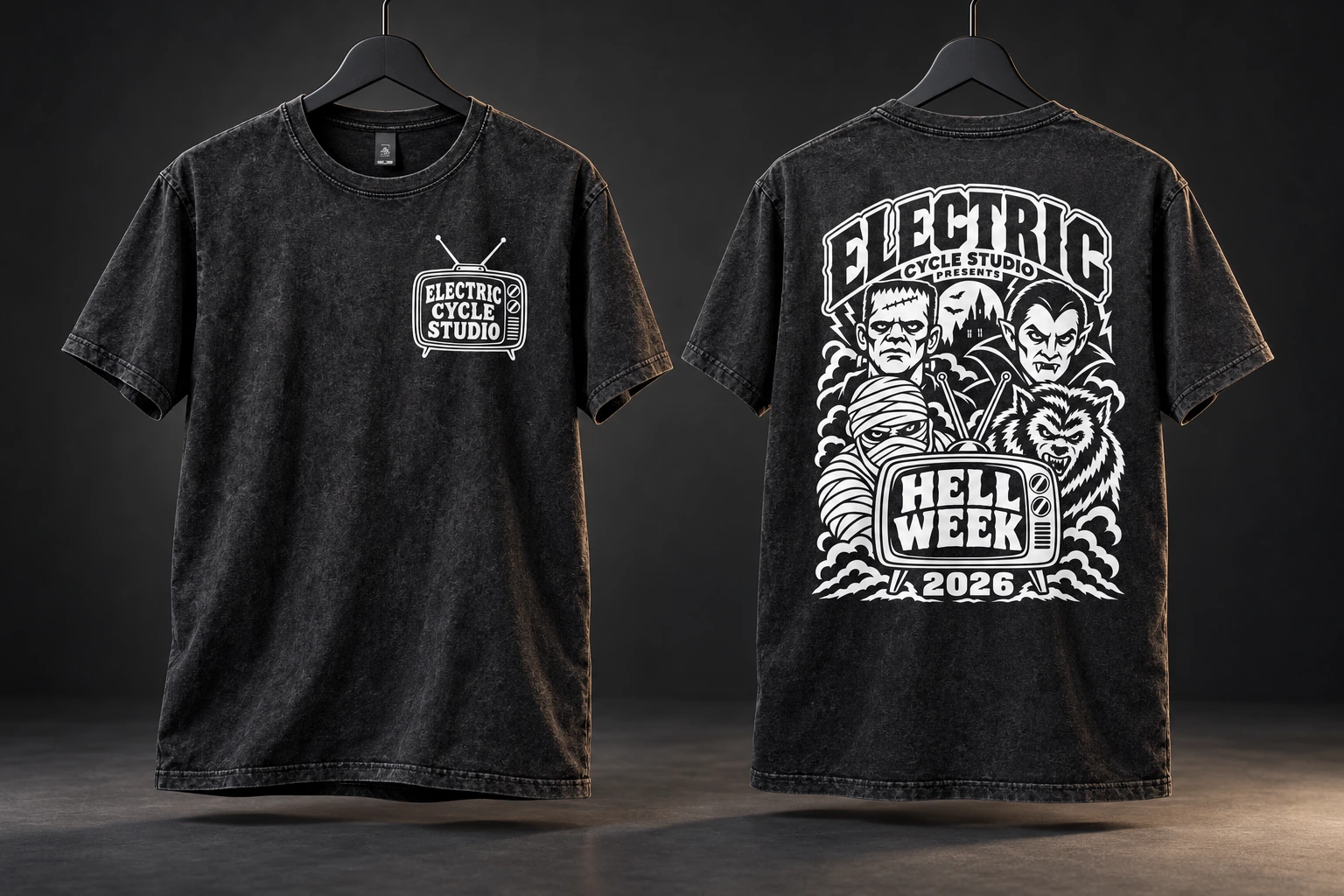 Front and back of the washed-black Hell Week unisex T-shirt