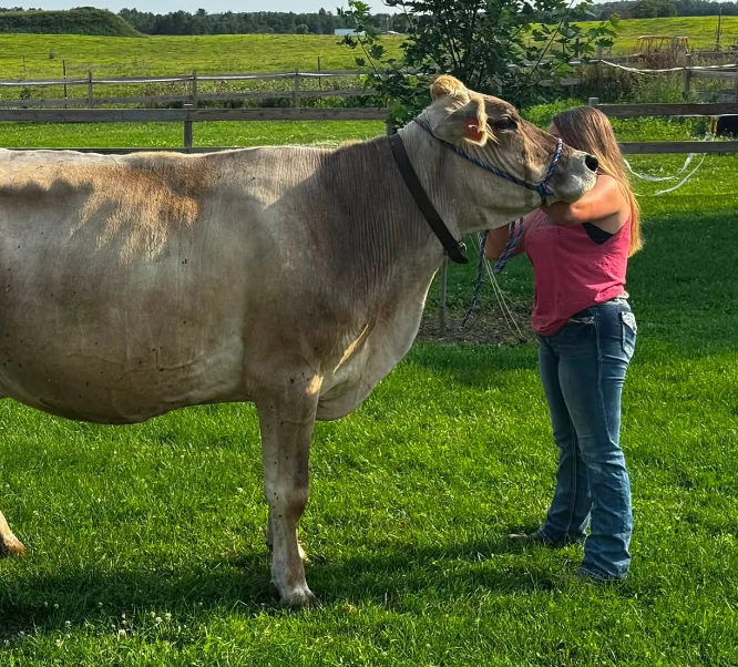 The Jorasz family standing with their dairy cows beneath fall foliage at Jorasz Family Ranch