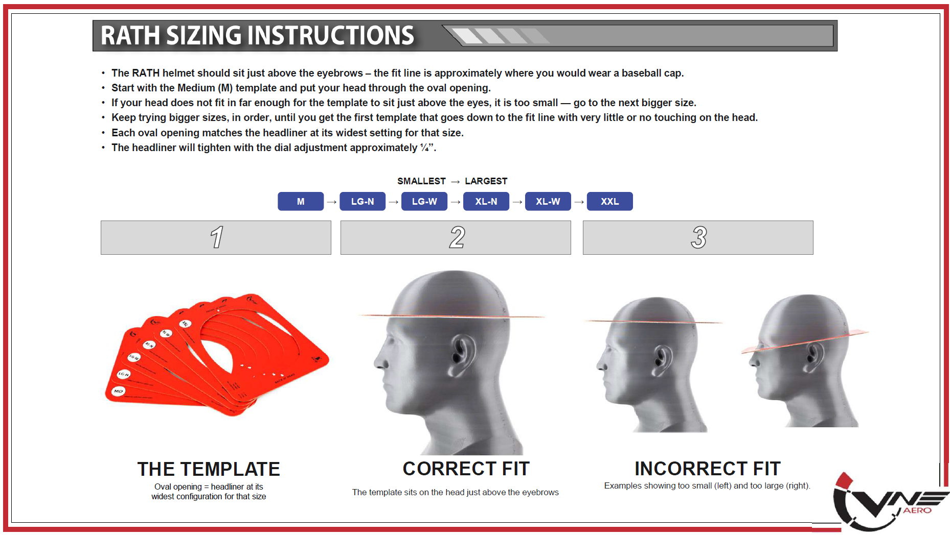 RATH sizing instructions: start with the MD template, work up through LG-N, LG-W, XL-N, XL-W and XXL until the template sits just above the eyebrows