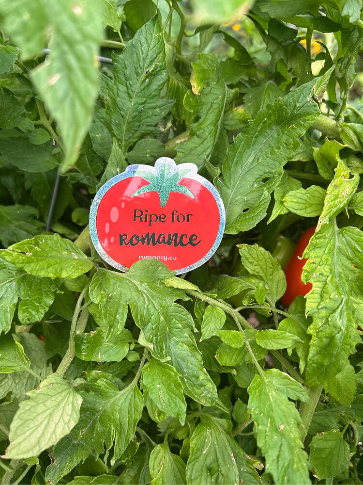 bright red, tomato-shaped sticker with a green leafy stem set against green garden leaves, reading "Ripe for Romance" and "romancy.co".