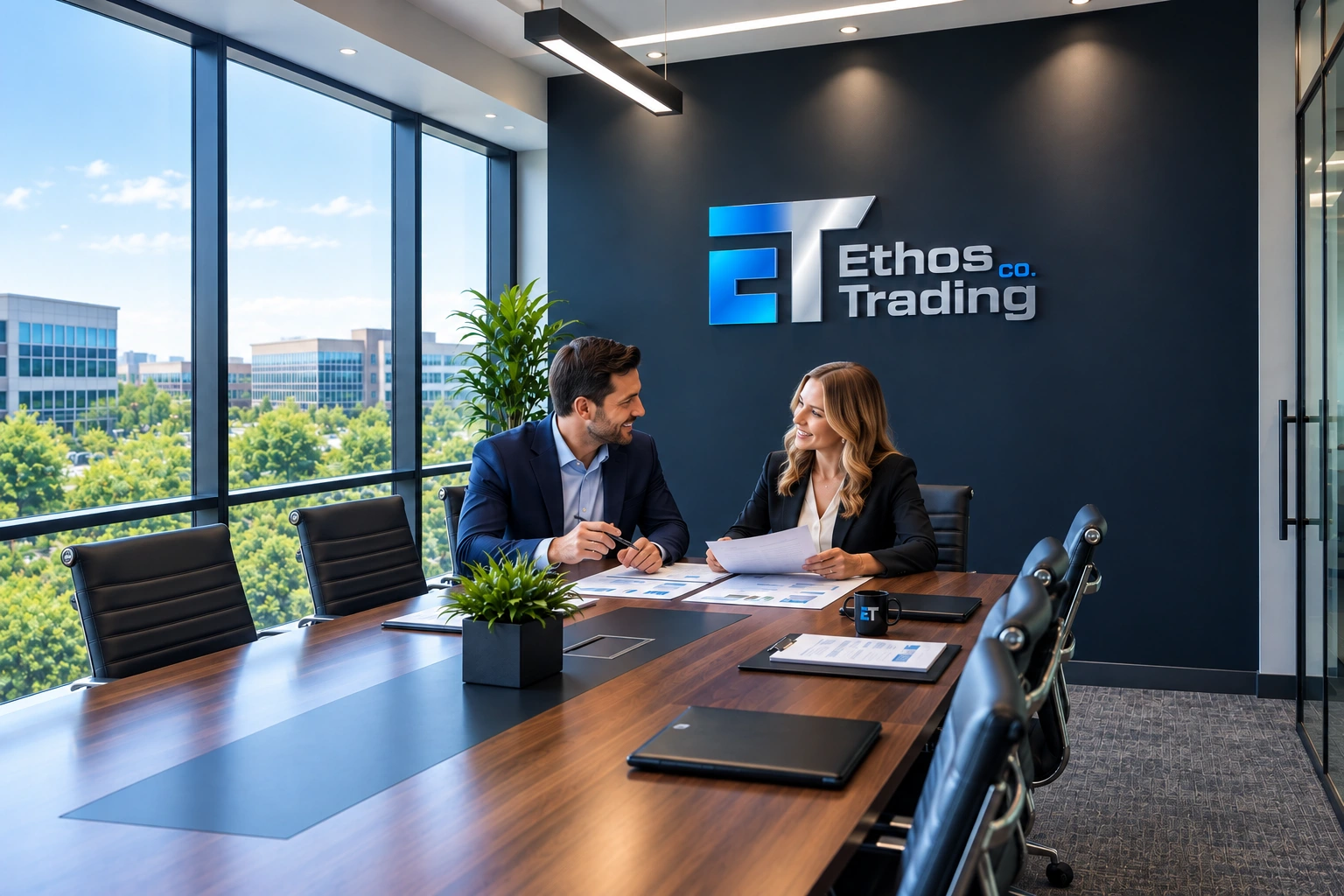 A man and woman discussing brand growth in an Ethos Trading Co. conference room
