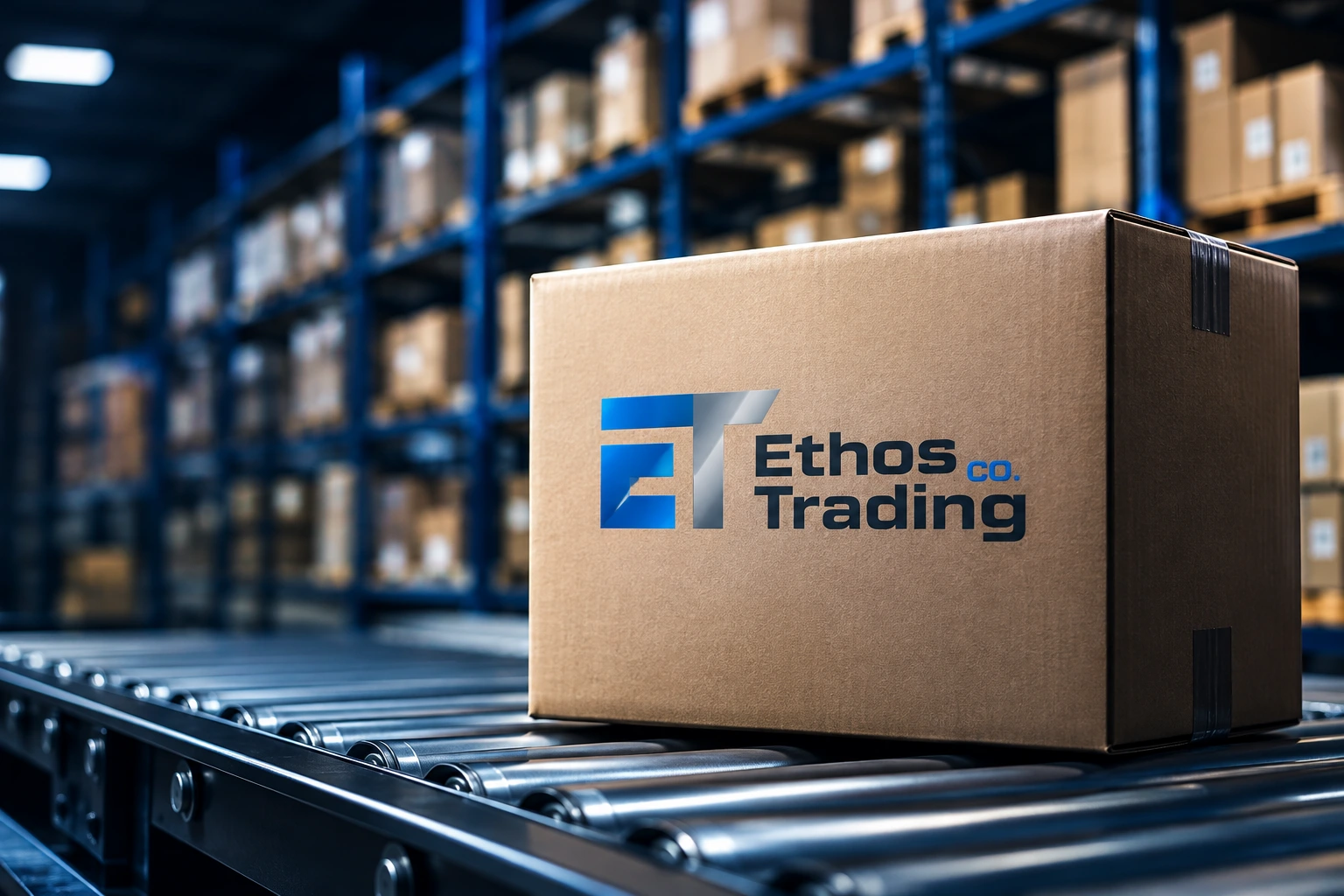 An Ethos Trading Co. box on a warehouse fulfillment conveyor