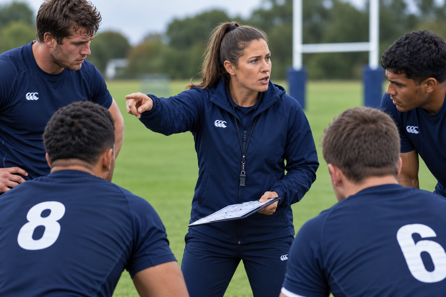 A female coach holding a clipboard gives instructions to male rugby players