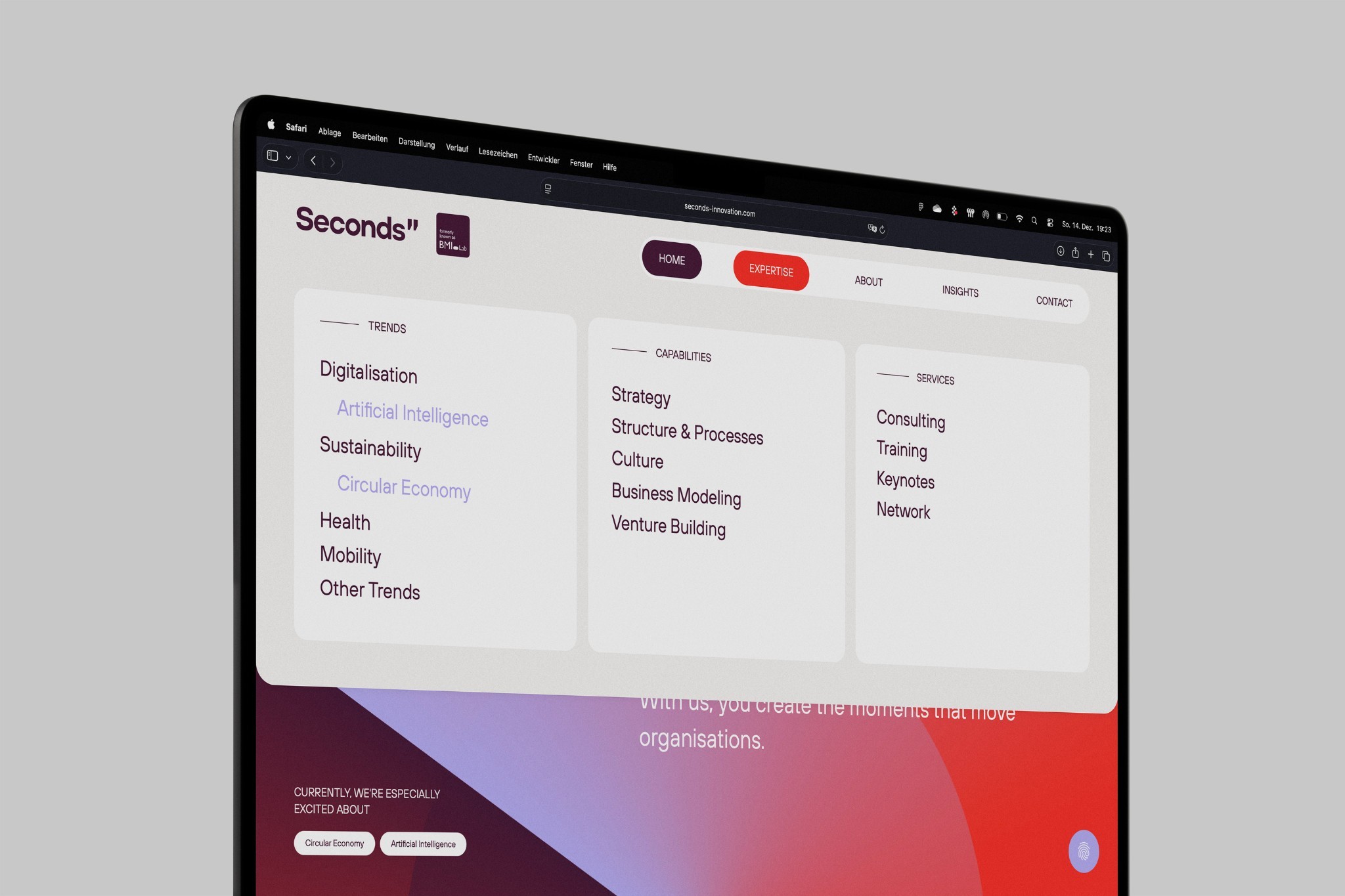 Seconds-Website mit geöffnetem Menü auf einem Laptop