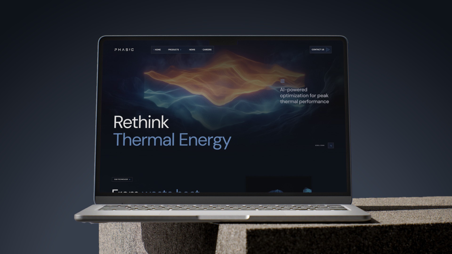 Laptop mit der Phasic-Energy-Website „Rethink Thermal Energy“