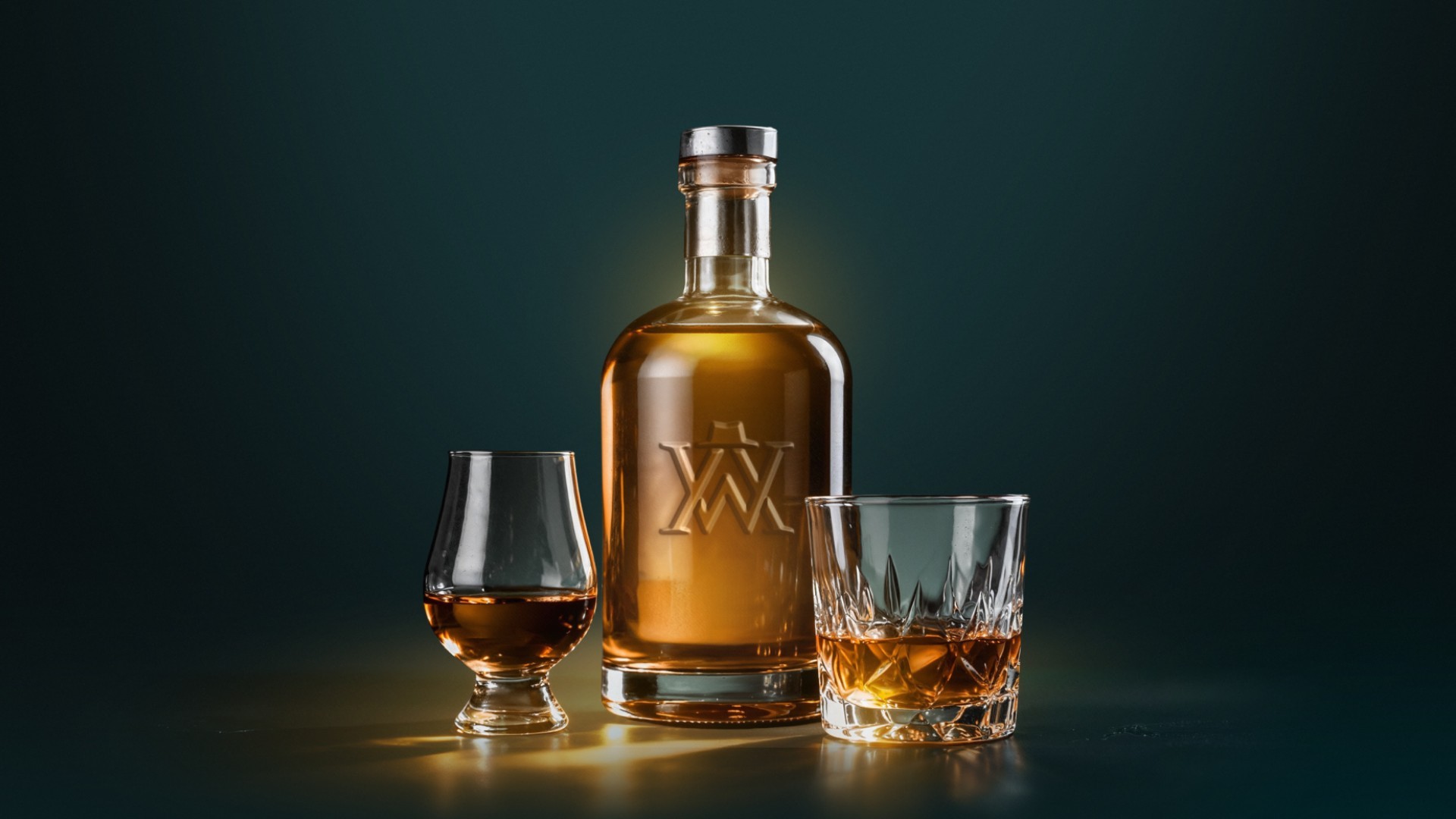 Whisky-Agents-Flasche und Gläser auf dunklem Grund