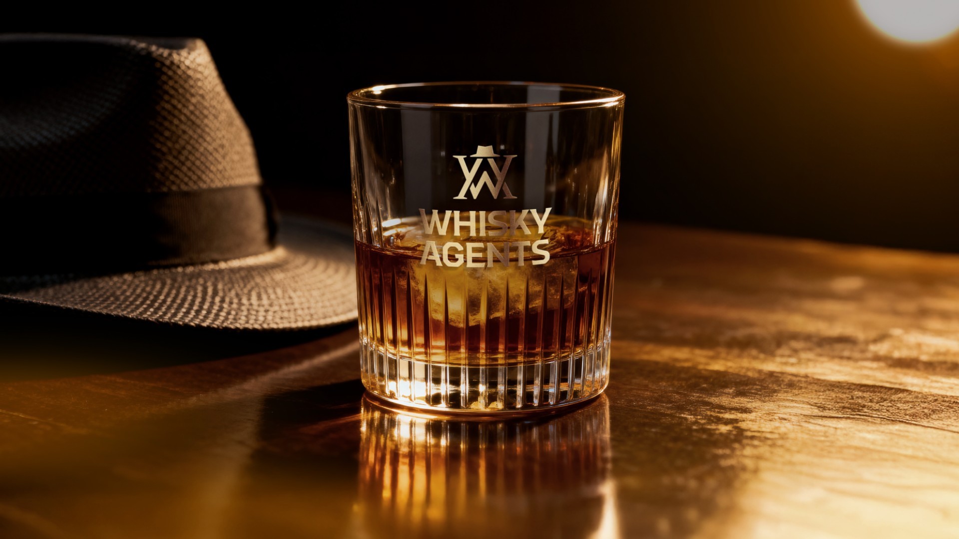 Whiskyglas mit Whisky-Agents-Gravur neben einem Hut