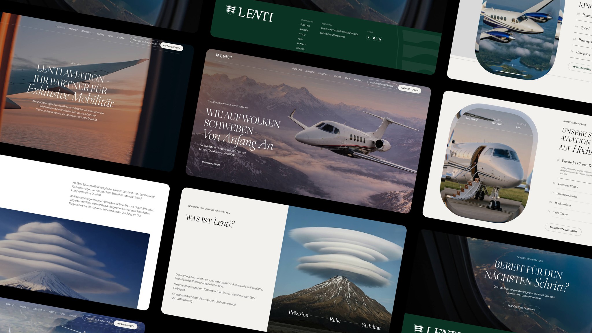 Collage der Lenti-Aviation-Website mit Jets und Reisezielen