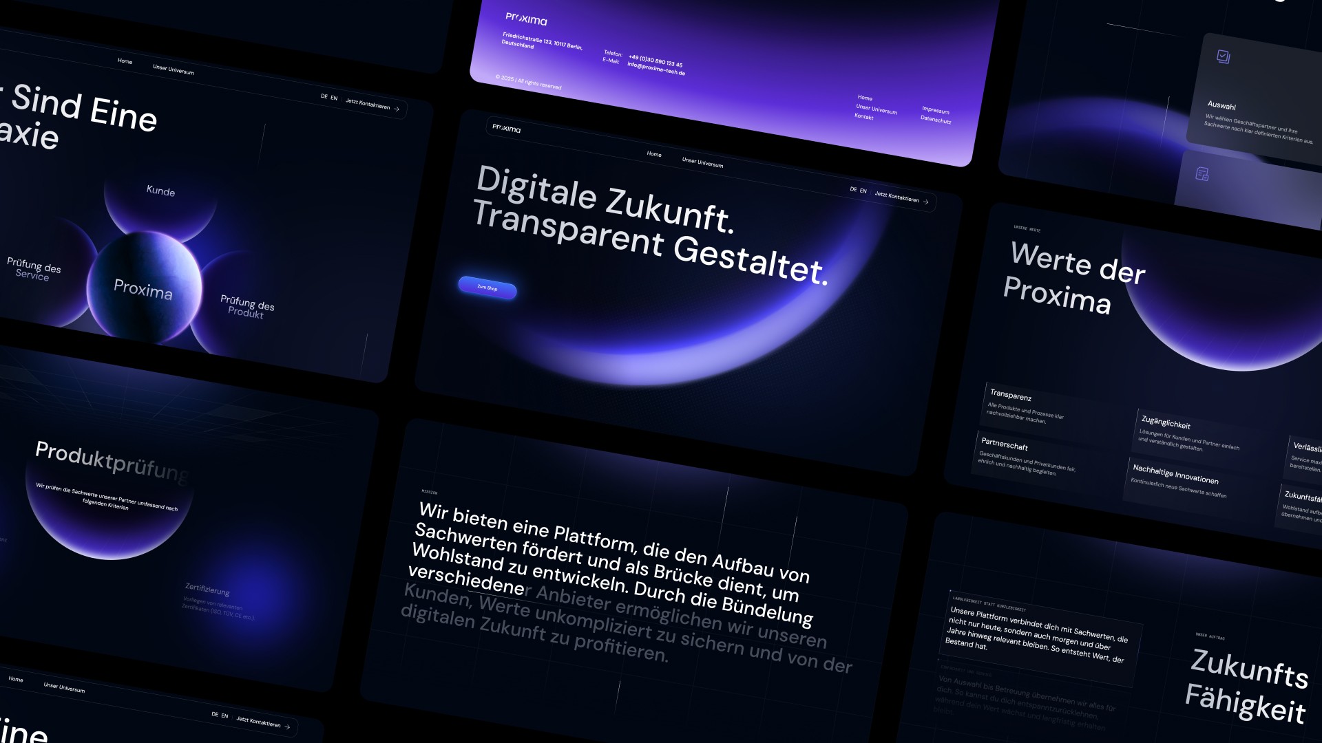 Collage der Proxima-Website-Seiten in Violett