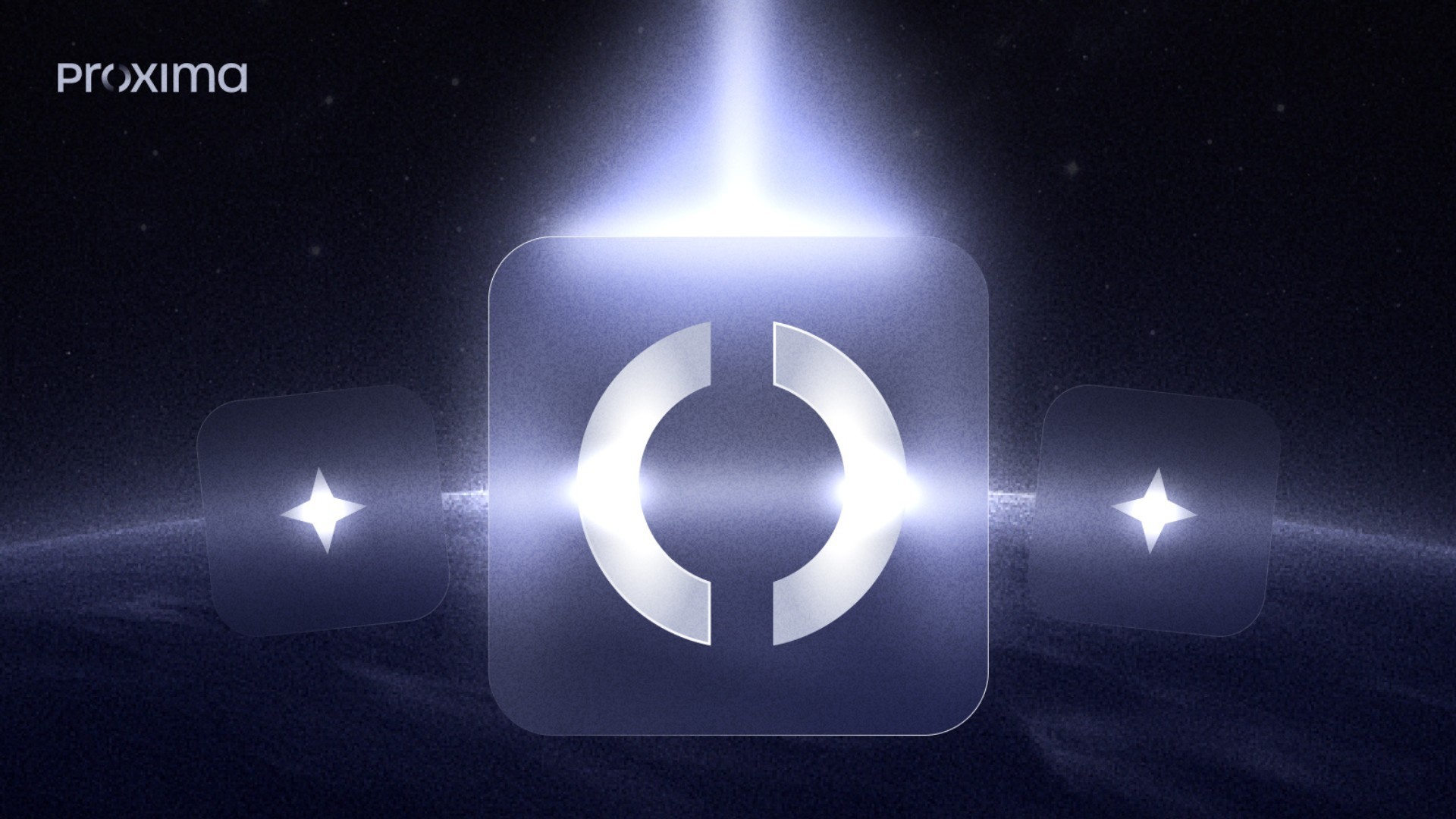 Proxima-Bildmarke als leuchtendes 3D-Icon im All