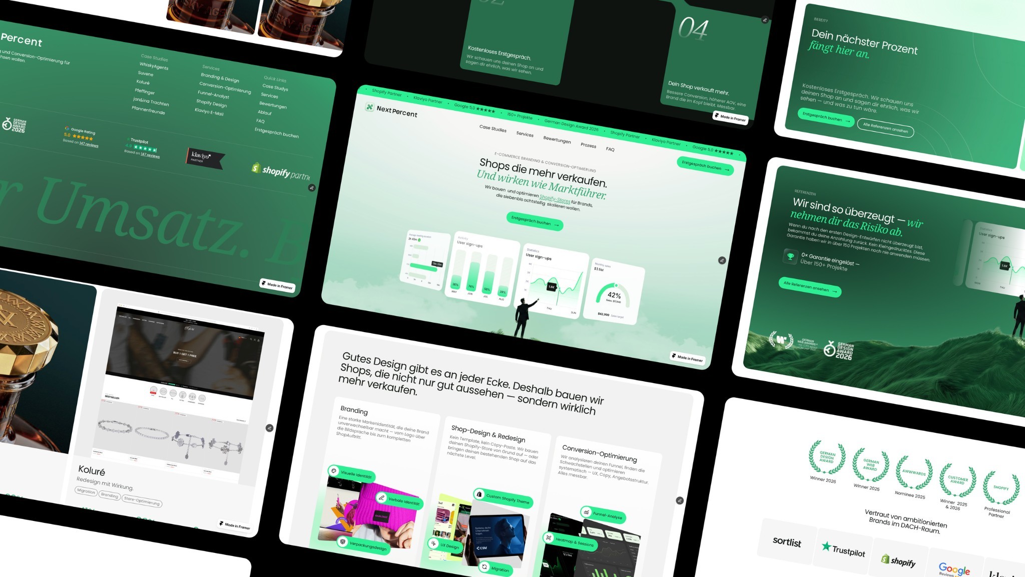 Collage der NextPercent-Website-Seiten in Grün