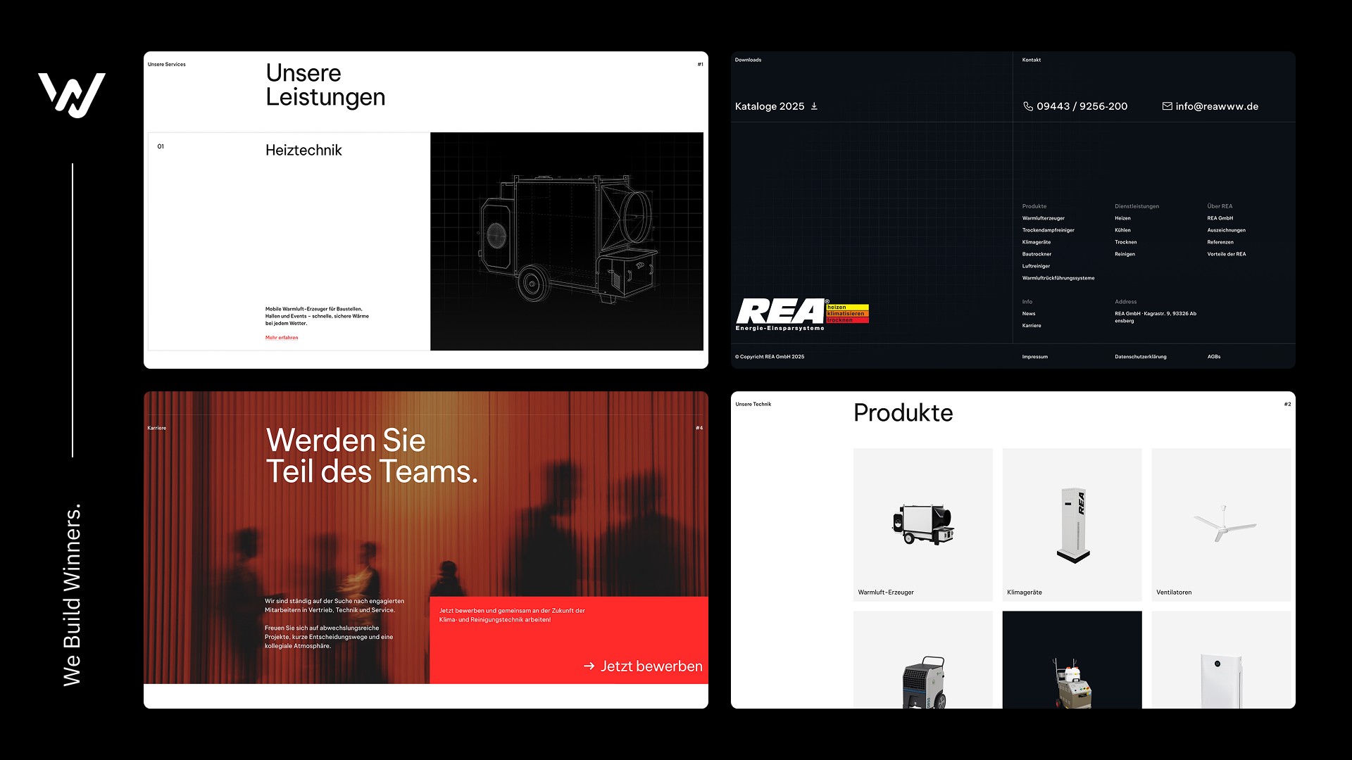 Unterseiten der REA-Website mit Leistungen, Karriere und Produkten