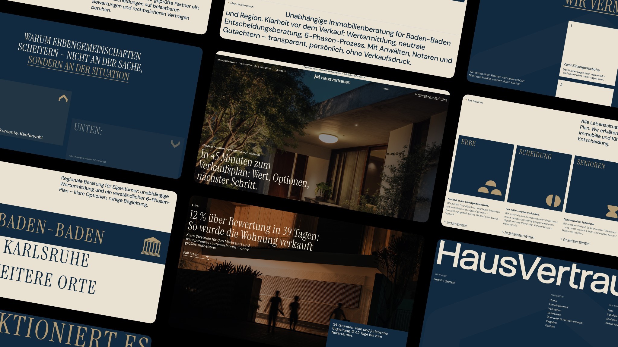 Collage der HausVertrauen-Website mit Standorten und Objekten