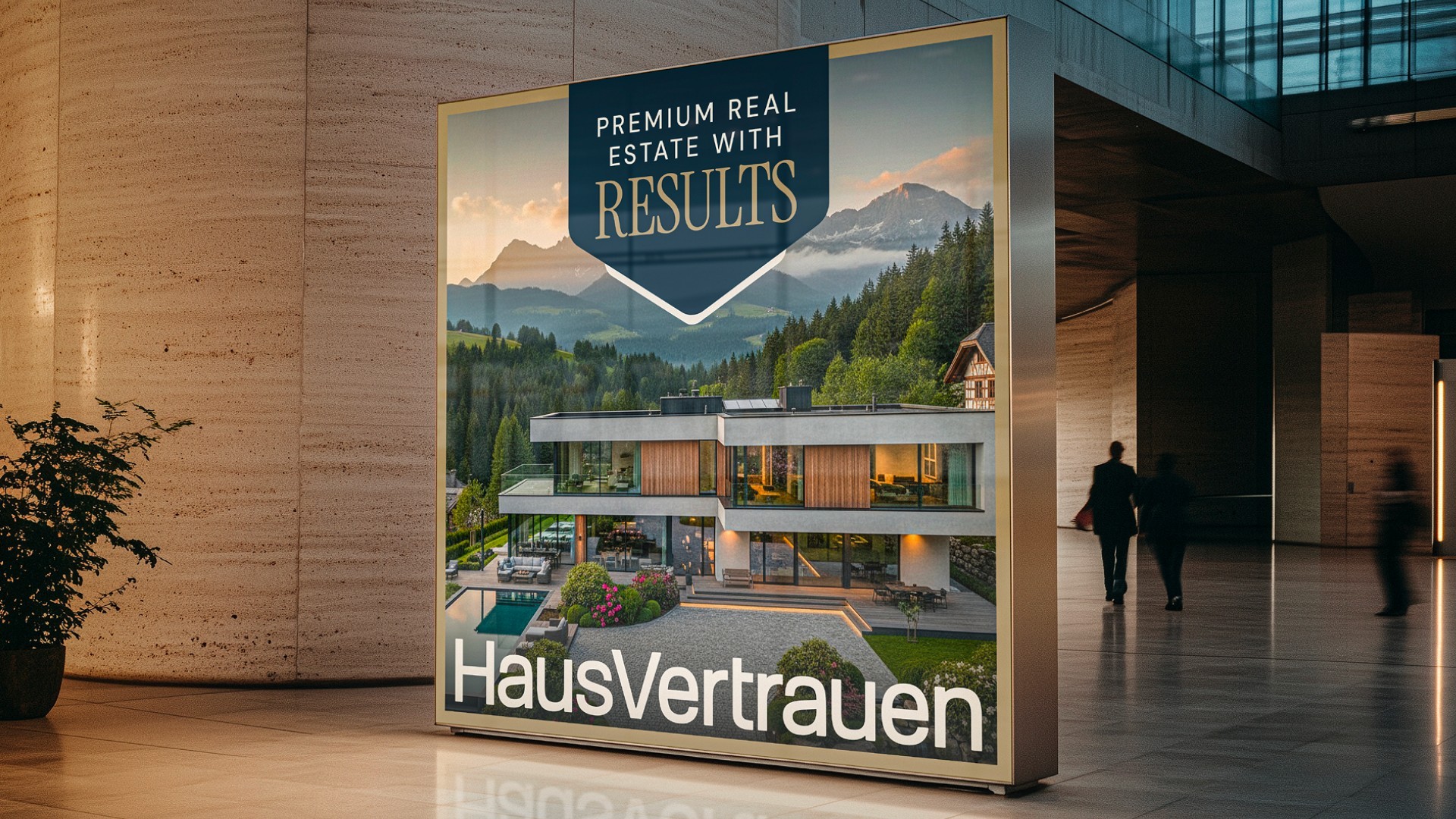 HausVertrauen-Werbedisplay „Premium Real Estate with Results“ in einer Lobby