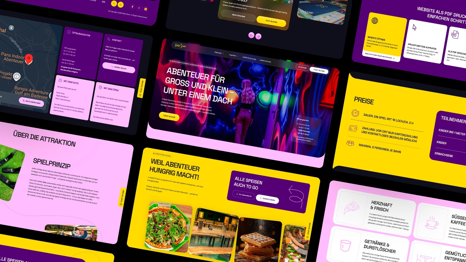 Collage der Peter-Pans-Website in Lila, Gelb und Pink