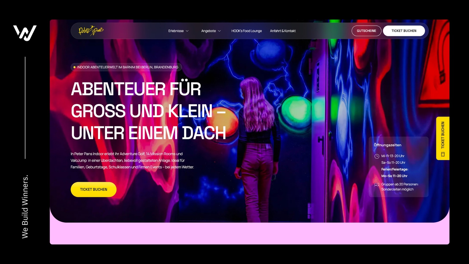 Hero der Peter-Pans-Website „Abenteuer für Groß und Klein unter einem Dach“