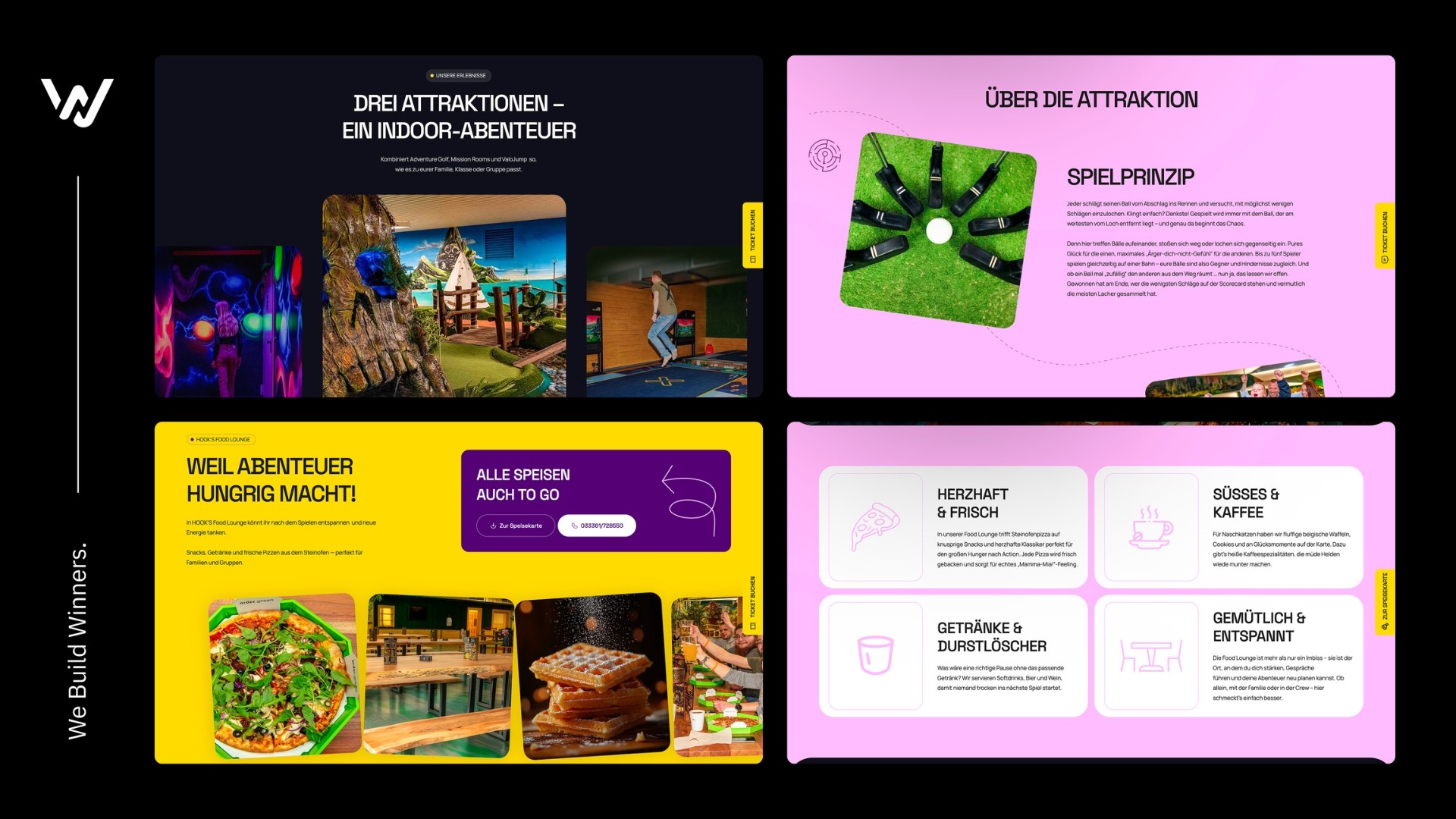 Unterseiten der Peter-Pans-Website mit Attraktionen und Gastronomie