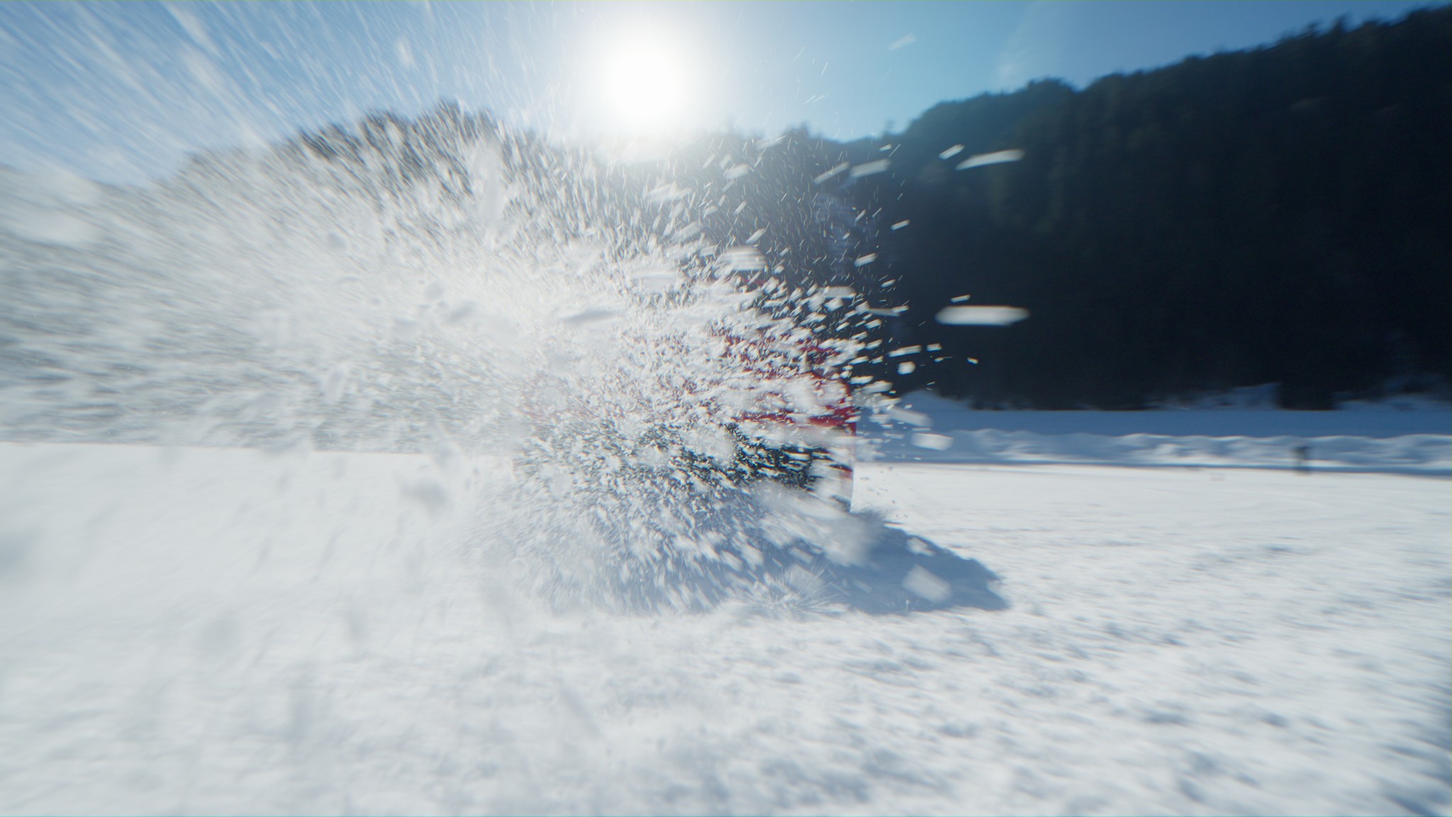 Audi fährt durch Schnee und wirbelt Pulverschnee auf
