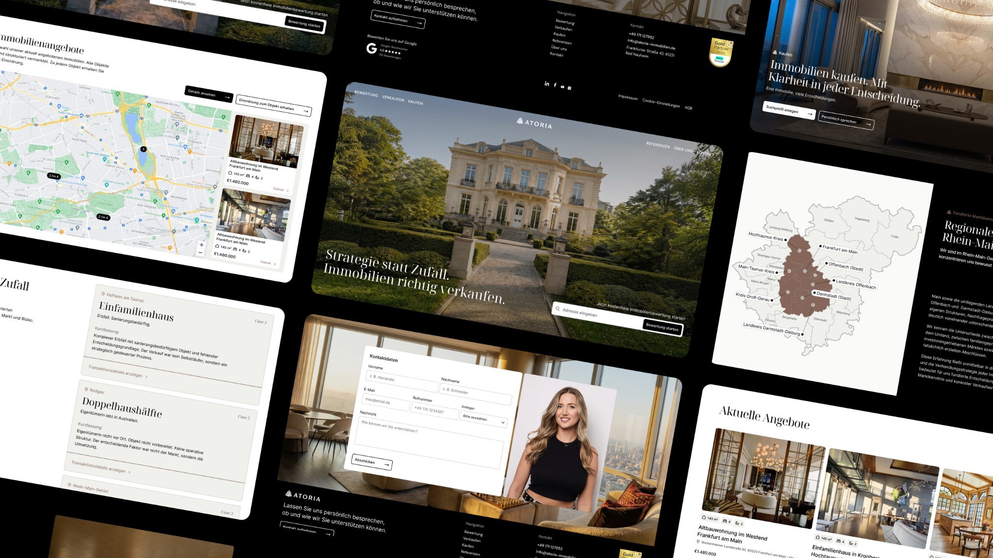 Collage der Atoria-Immobilien-Website mit Objekten und Karte