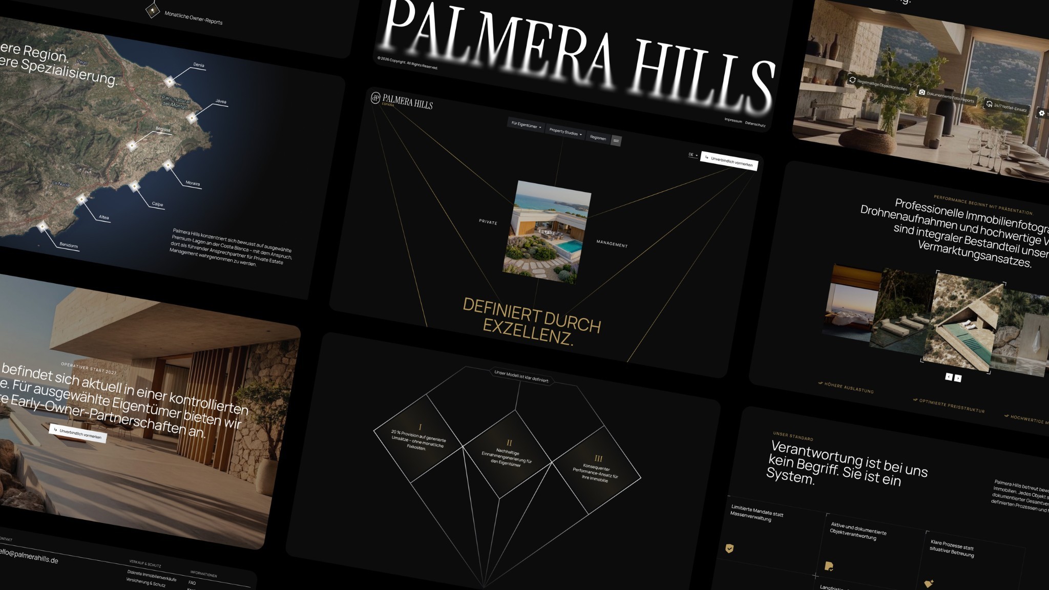 Collage der Palmera-Hills-Website-Seiten