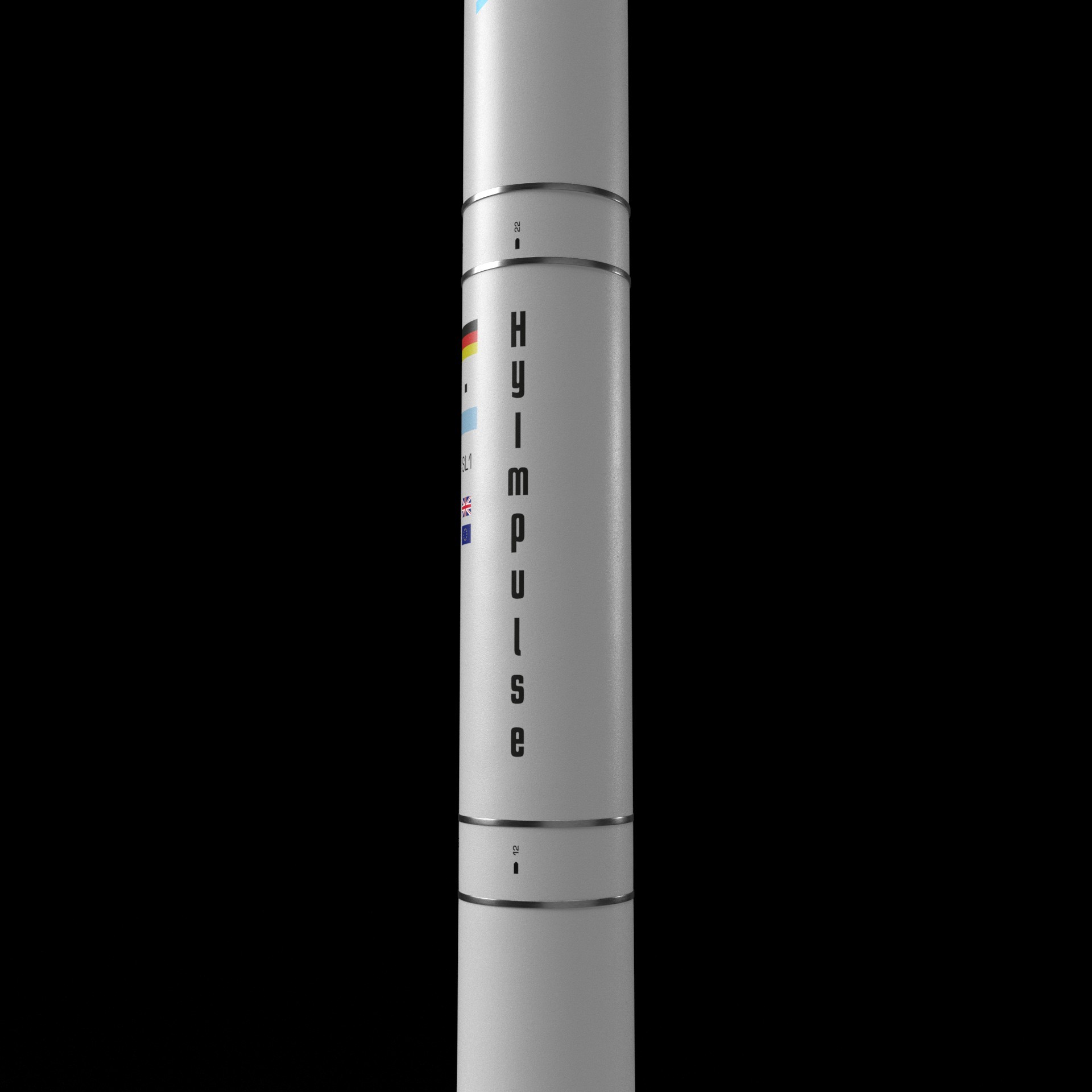 Ausschnitt einer weißen HyImpulse-Rakete mit Schriftzug