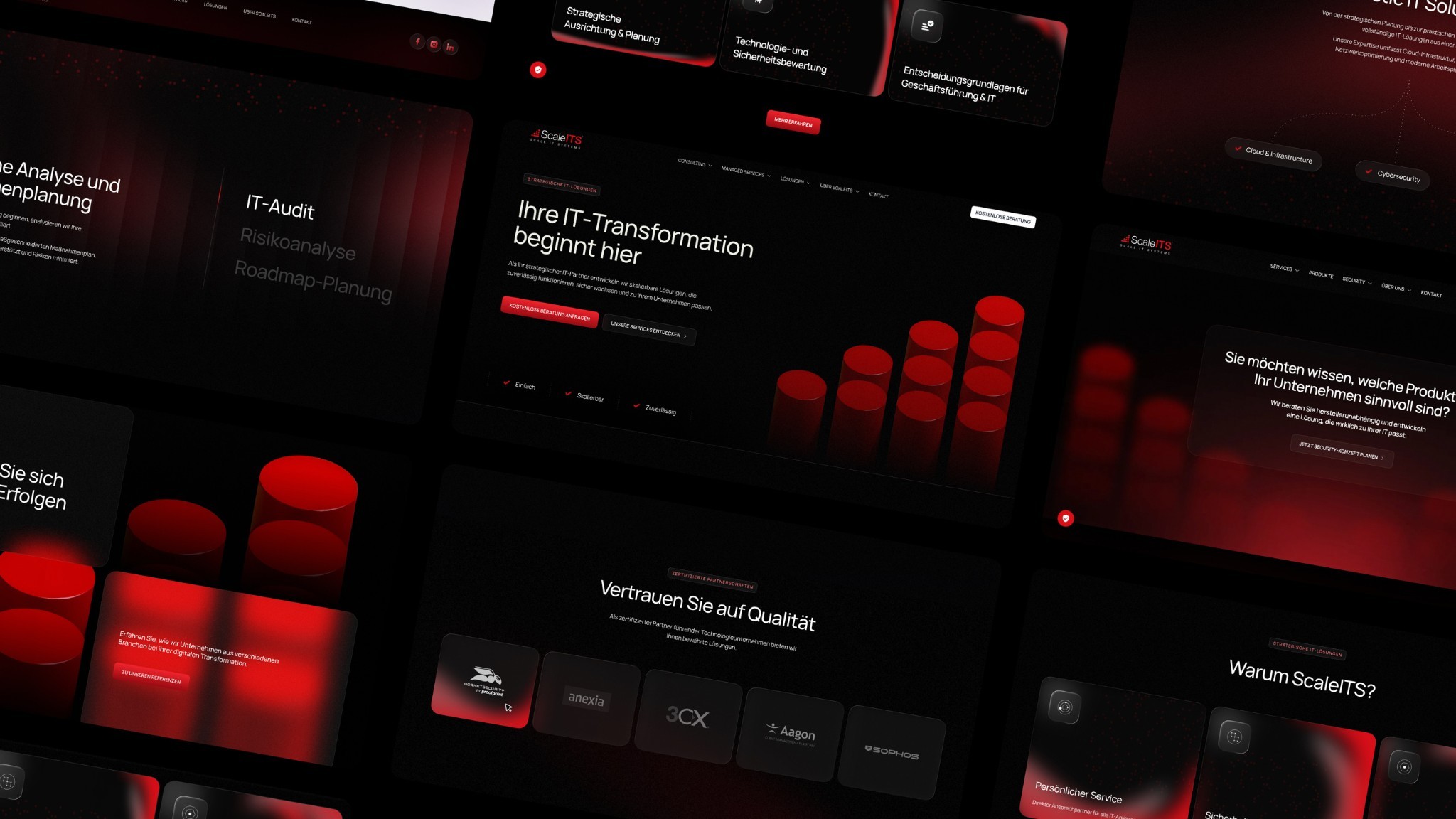 Collage der ScaleITs-Website-Seiten in Rot und Schwarz