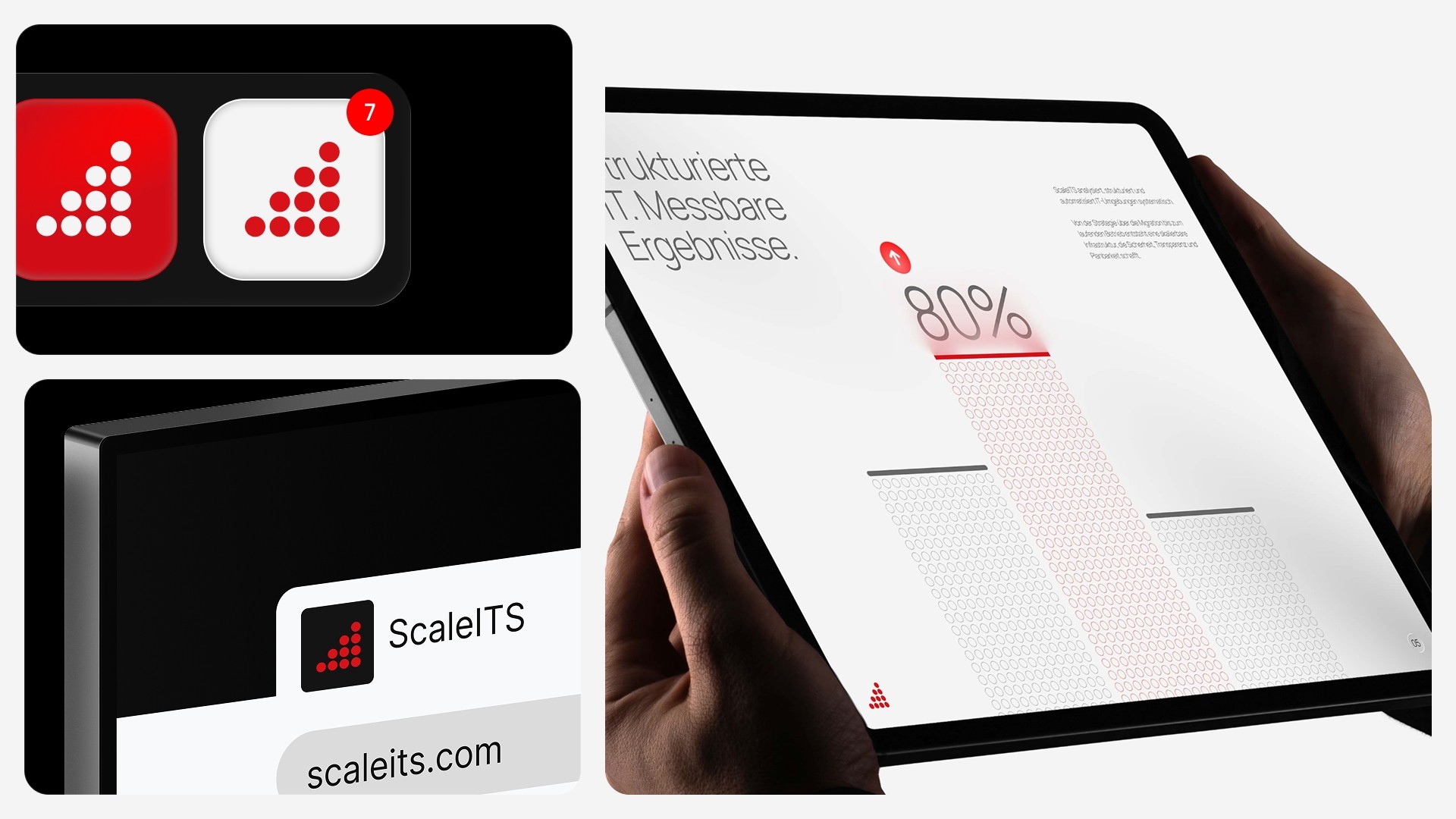 ScaleITs-App-Icon, Geschäftsausstattung und Tablet mit der Website