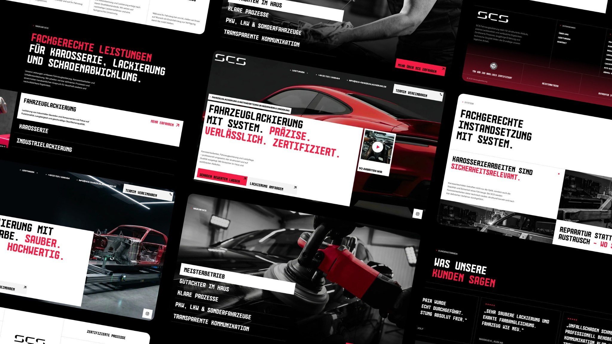 Collage der SCS-Fahrzeuglackierung-Website in Rot und Schwarz