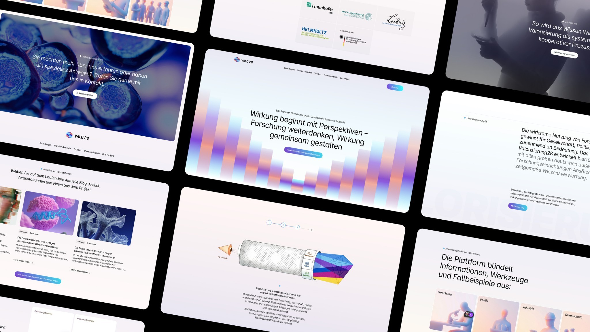 Collage der Valo28-Website-Seiten mit Farbverläufen