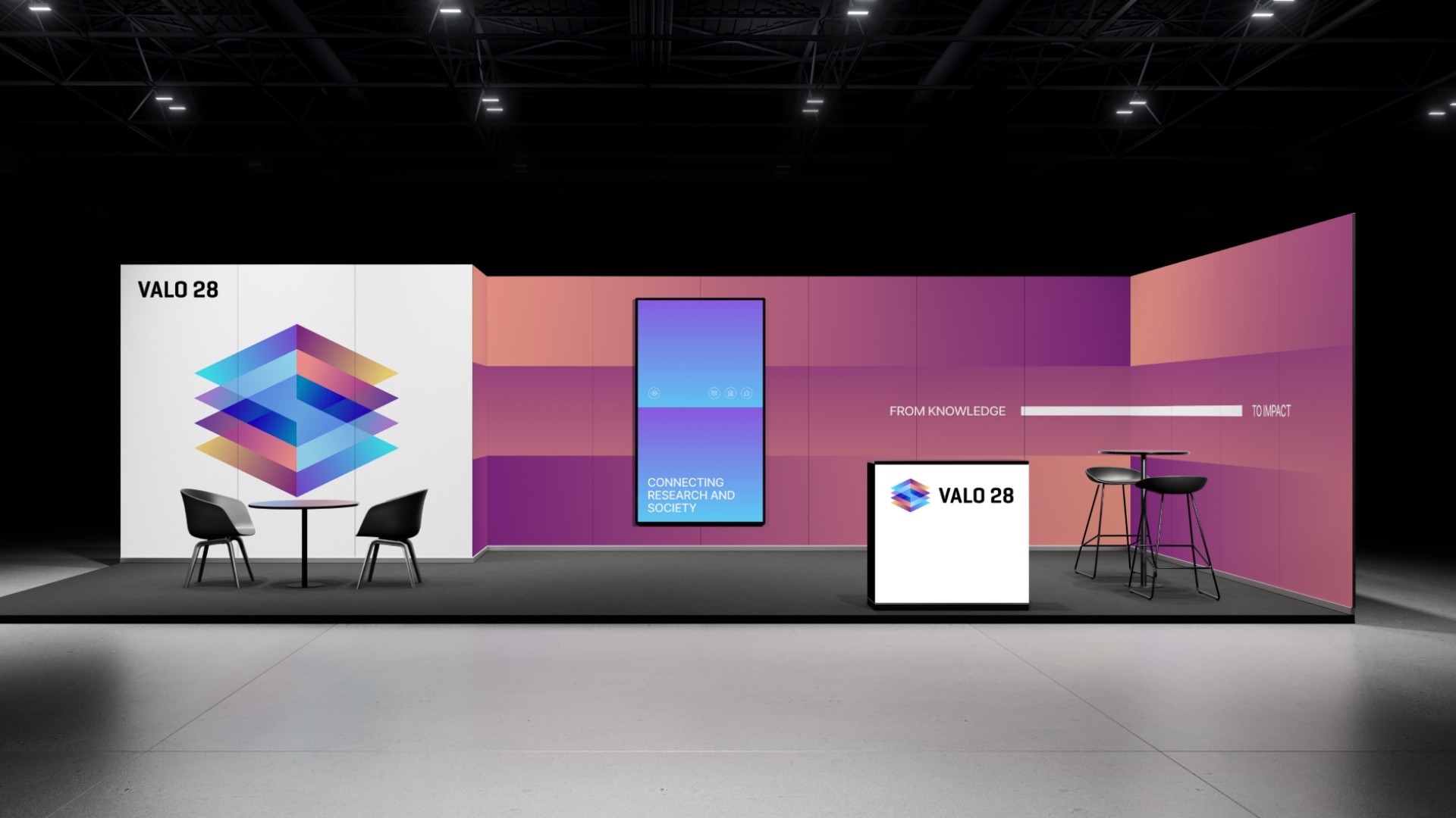 Valo28-Messestand mit Logo und Farbverlauf
