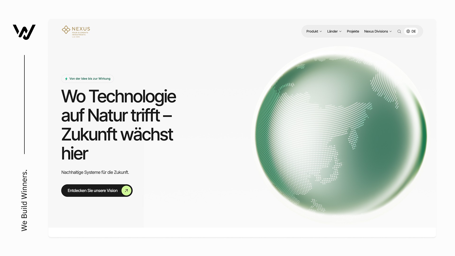 Hero der NEXUS-Website mit grüner Weltkugel