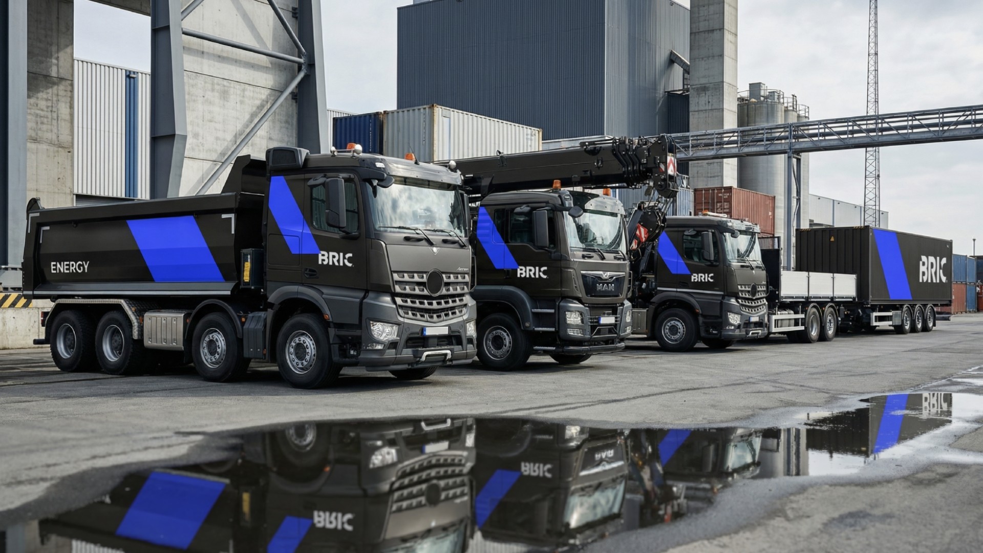 LKW-Flotte im BRIC-Design auf nassem Betriebshof