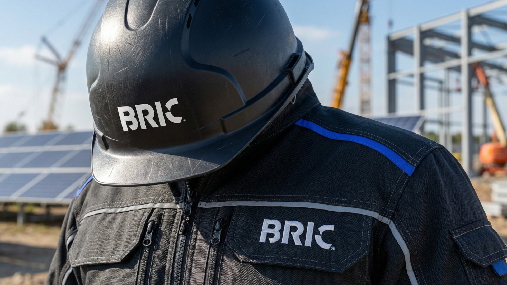 Arbeiter mit BRIC-Helm und BRIC-Jacke vor Solarpark