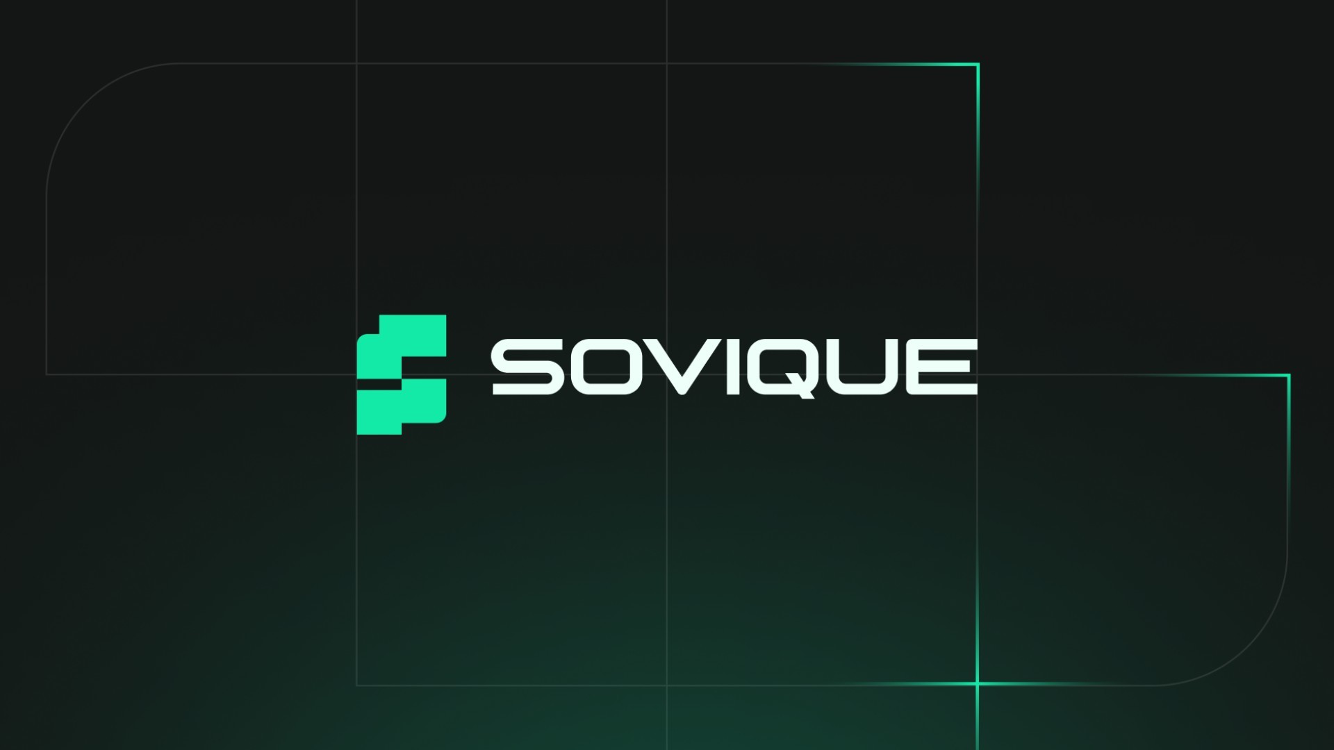 Sovique-Logo auf dunklem Hintergrund mit grünen Linien