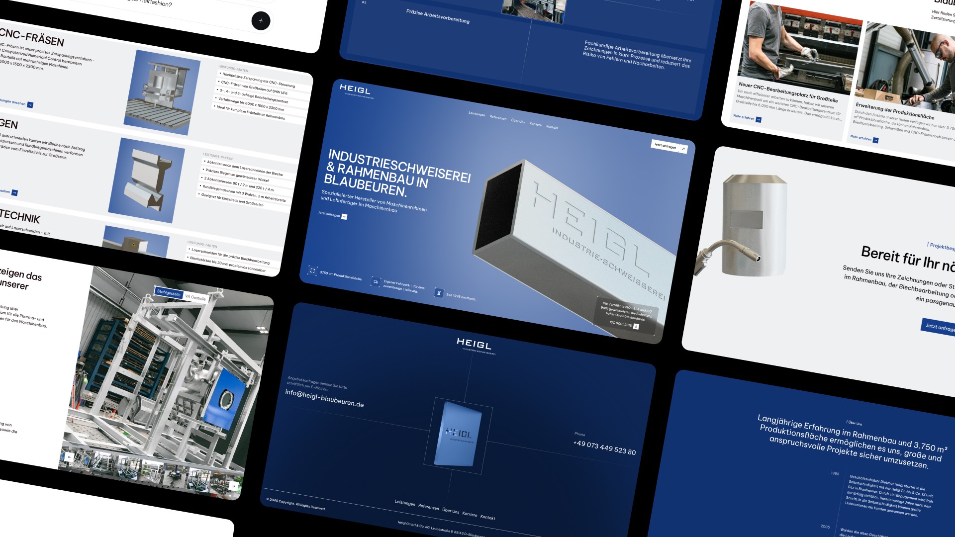 Collage der Heigl-Website-Seiten in Blau