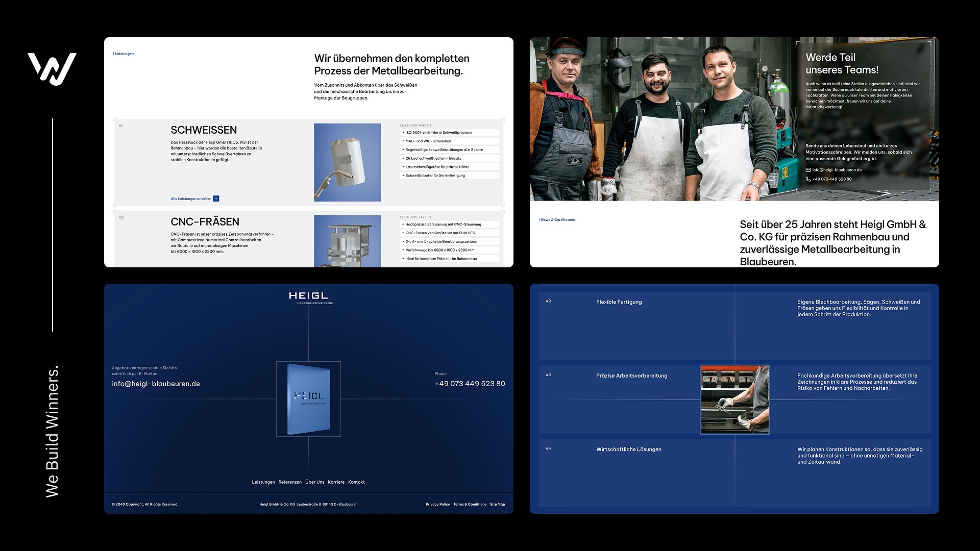 Unterseiten der Heigl-Website mit Leistungen und Team