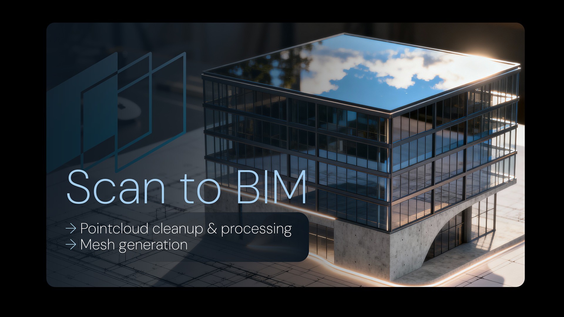 Innovspatial-Motiv „Scan to BIM“ mit 3D-Gebäude