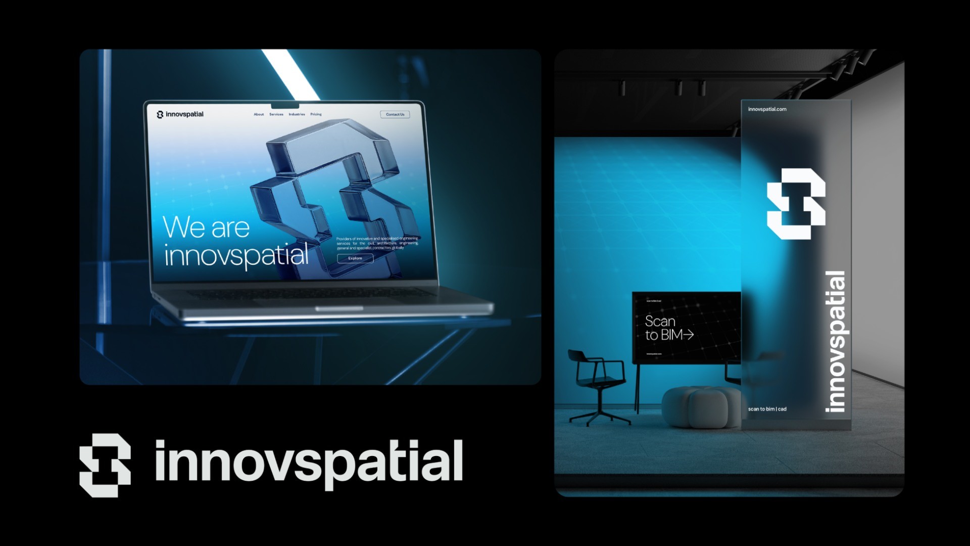 Laptop und Roll-up mit dem Innovspatial-Logo
