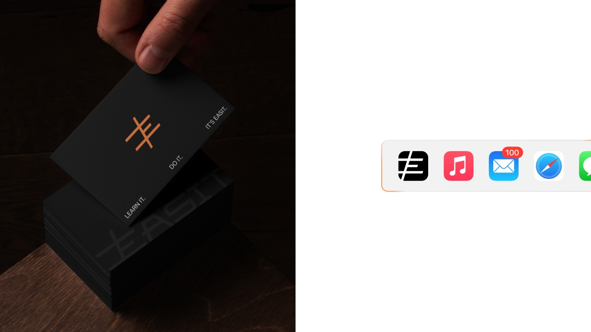 Hand hält eine schwarze Easit-Visitenkarte, daneben App-Icons im Smartphone-Dock