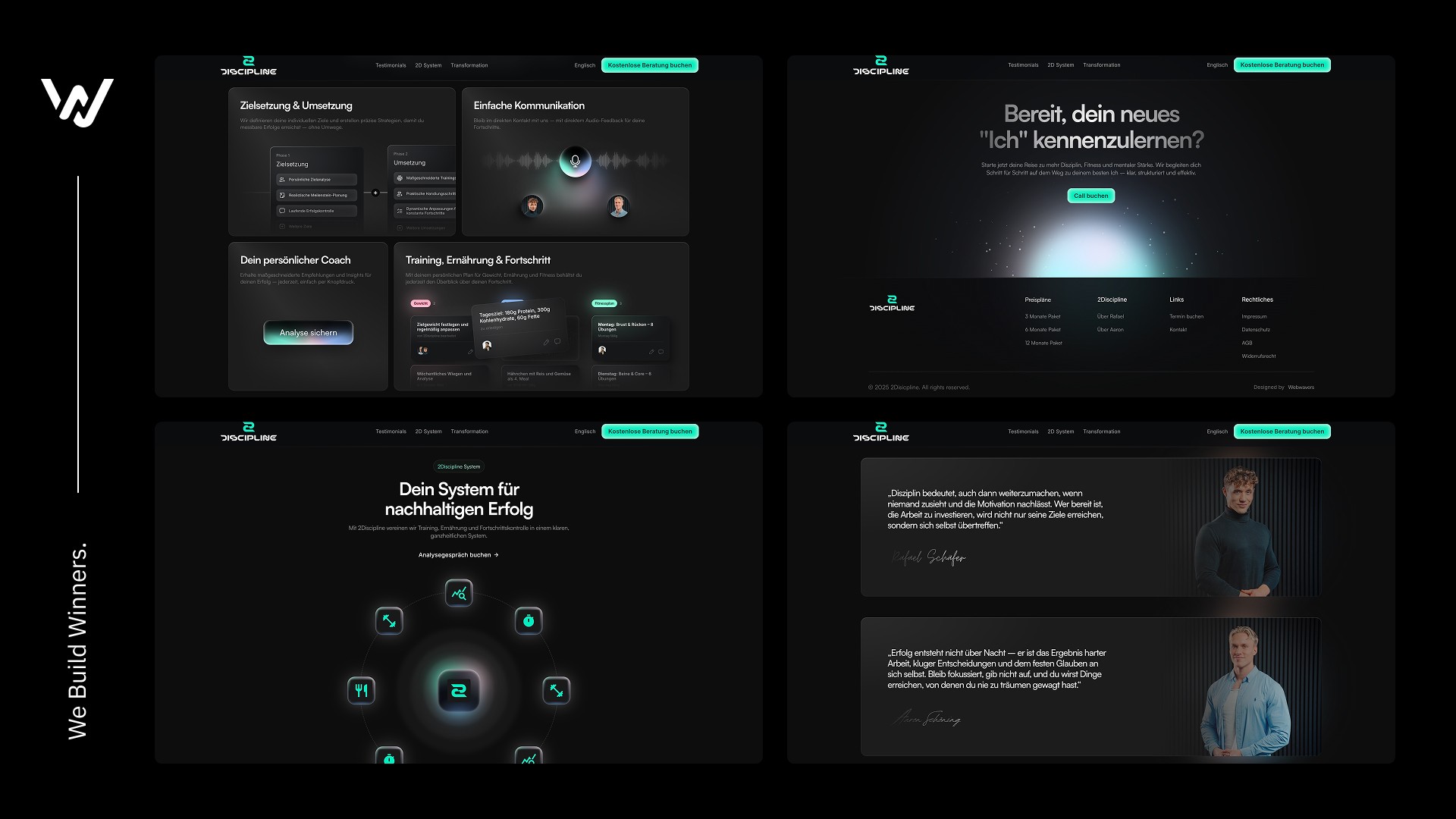 Unterseiten der 2Discipline-Website im Dark Design